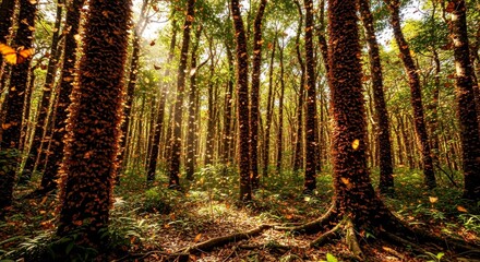 Obraz premium Dense forest with tall trees and sunlight filtering through leaves 
