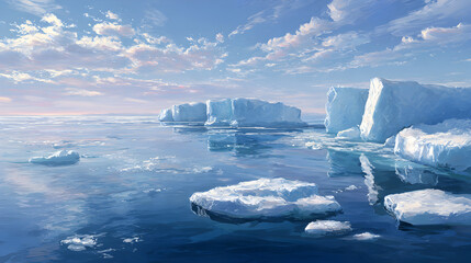 Serene arctic landscape with floating icebergs under a pastel sky reflecting on the calm ocean surface creating a peaceful and scenic environment
