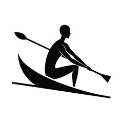Black silhouette of person kayaking on white background