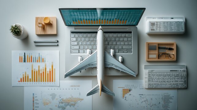 Aerial View of Business Workspace with Laptop, Airplane Model, Charts, and Office Supplies for Travel Planning