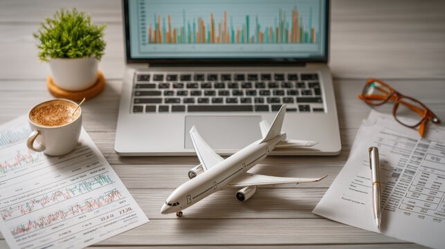 Business Workspace with Laptop, Coffee, and Airplane Model for Travel and Finance Planning