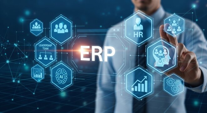 Futuristic ERP System Interface With Businessman Touching Virtual Dashboard