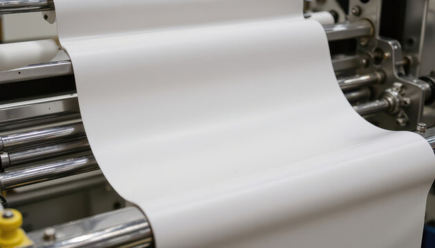 White packaging film on industrial roller machine, smooth plastic material for flexible packaging production, manufacturing process in factory, clean and modern environment