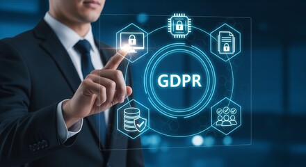 GDPR Data Protection Concept with Holographic Security Icons and Businessman Touching Interface