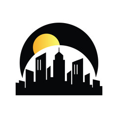 City Skyline Silhouette with Setting Sun Icon sunset