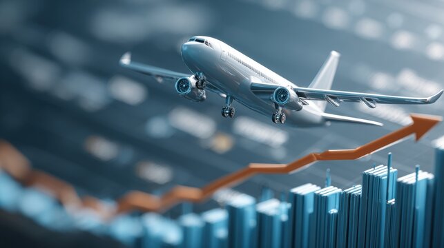 Airplane Soaring Above Financial Graphs Symbolizing Global Business Growth and Economic Trends