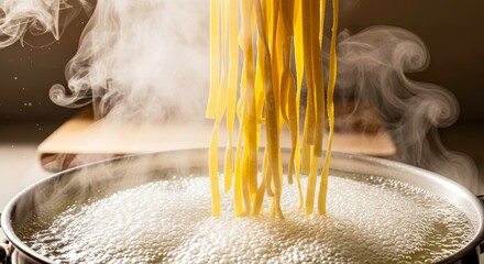 Hot pasta noodles being cooked in boiling water with steam rising  