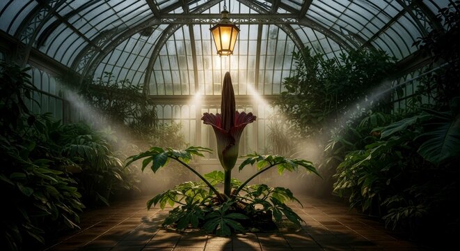 Amorphophallus titanum flower blooming in misty greenhouse environment  