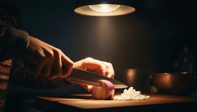Person chopping onion on wooden cutting board in warm kitchen light