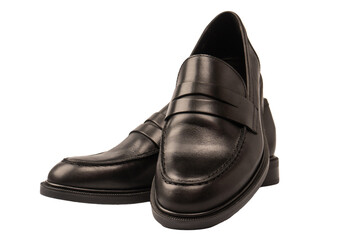 Black leather loafers isolated on white background.