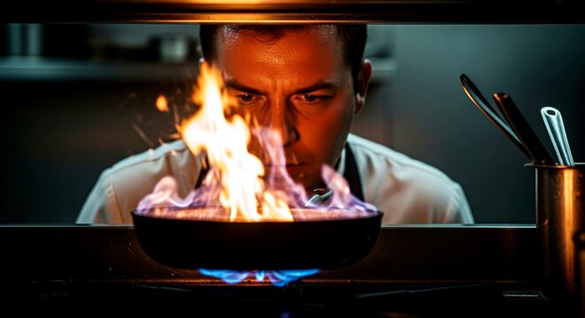Chef focused on cooking with flaming pan in professional kitchen  