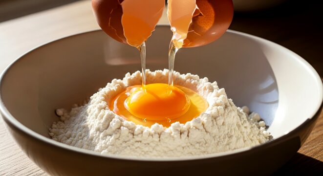 Eggs being cracked into flour bowl for cooking preparation   - Powered by Adobe