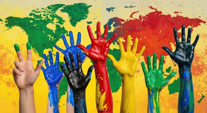 Global unity painted in vibrant colors over a world map celebrates diversity and harmony promoting peace and togetherness for a better future