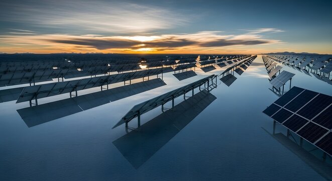 Aerial view of a solar panel farm reflecting the sky at sunset with long rows of panels and calm water