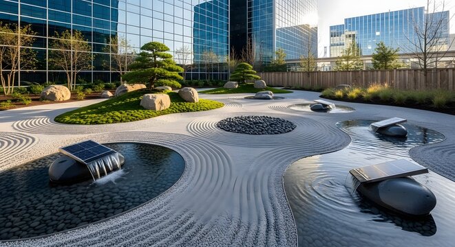 Zen garden with sand patterns and water features in an urban setting with modern buildings view 100 - Powered by Adobe
