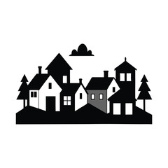 Stylized Silhouette of a Village with Trees and Cloud