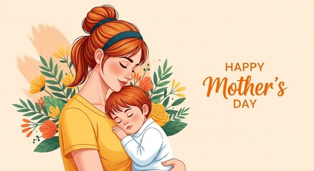 Tender embrace for Mother's Day a loving mom holds her sleeping child surrounded by soft floral accents, expressing warmth and family love
