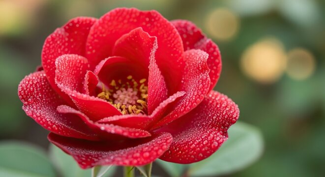 Stunning red rose glistening with morning dew drops, a vibrant symbol of love and beauty for romantic designs and heartfelt occasions