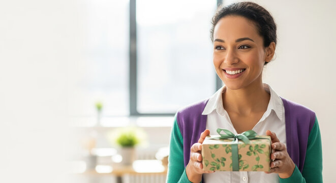 Smiling woman holding St. Patrick's Day present indoors, wrapped with clover pattern. Happy St. Patrick's Day celebration includes thoughtful gift, symbolizing luck and Irish heritage. - Powered by Adobe