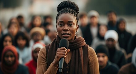 Powerful speaker addressing crowd with passion and conviction, engaging audience, promoting change, community involvement, and social awareness movement