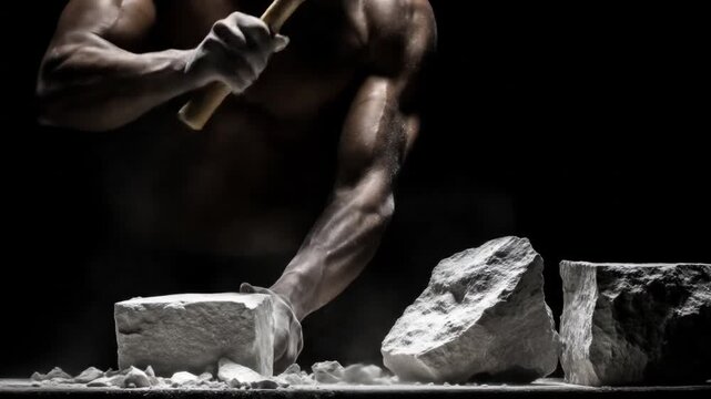 A muscular figure chisels a stone block with a hammer against a dark backdrop