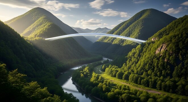 A scenic view of a bridge spanning a valley with lush green mountains and a winding river below it all