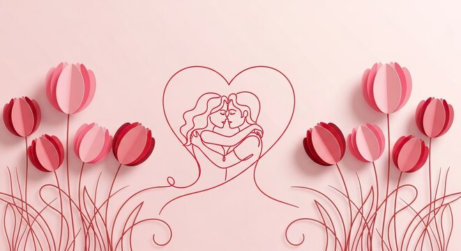 Elegant Valentines greeting card with heart and kissing couple, surrounded by beautiful pink paper tulips - perfect for romantic occasions and heartfelt messages