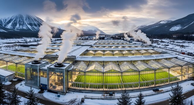 Aerial view of a large greenhouse complex with snow covered mountains in the background on a winter day - Powered by Adobe