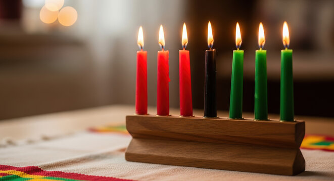 Kwanzaa celebration with seven candles lit in traditional colors on light wooden kinara, celebrating Kwanzaa. Lit candles arranged in wood holder embody Kwanzaa tradition and symbolic colors.