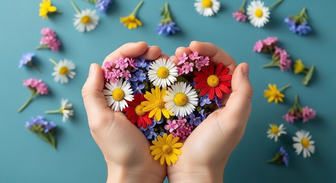Hands gently holding a vibrant heart of colorful wildflowers, spreading spring happiness and joyful love, perfect for heartfelt celebrations