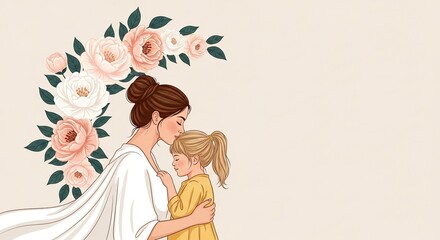 Touching Mother's Day moment with a loving embrace and a floral backdrop, perfect for sentimental greetings and heartfelt designs