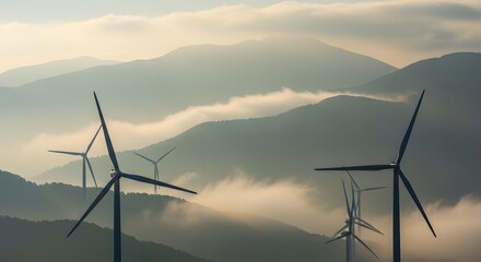 Wind turbines on mountain range with fog and clouds at sunrise generating renewable energy source view
