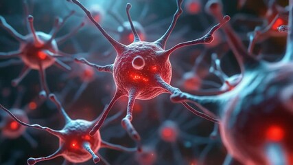 Animated close up of active neurons transmitting signals, medical or science background with vivid colors and detailed structure