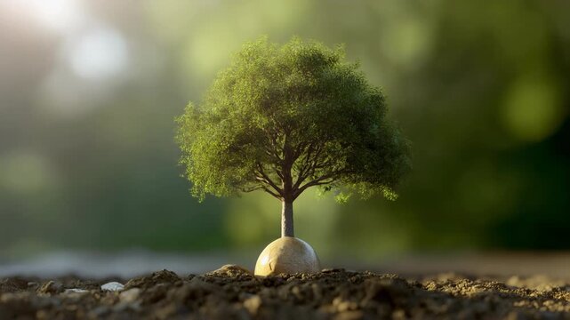 Small tree sprouting from a rounded pebble in dark soil under soft sunlight creating an environment for natural growth