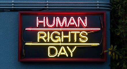 Celebrate Human Rights Day with vibrant neon sign, perfect for promoting equality, freedom, and social justice campaigns with impactful visual appeal