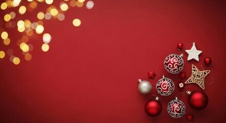 Elegant Christmas composition with shiny red and silver baubles, a star, and golden bokeh lights on a deep red background with space for text