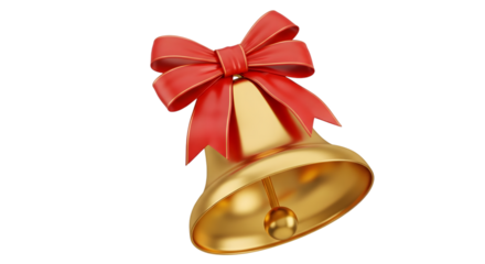 Golden christmas bell with red bow isolated on transparent background for holiday