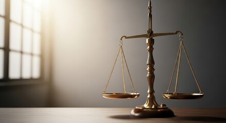 Elegant golden scales of justice symbolizing fairness in legal settings, promoting ethical business standards, a symbol of balance with sunlight backdrop