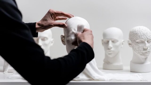 A person sculpts a patterned head in white, surrounded by other white sculptures. Hands are visible