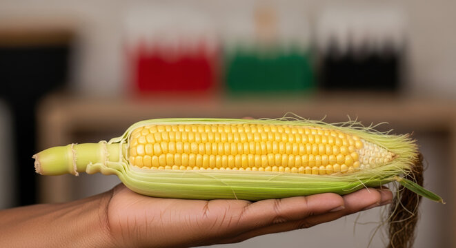 Celebratory Kwanzaa focus with fresh ear of corn held in open palm, evoking harvest season. Kwanzaa symbol maize, or Muhindi, emphasizes unity and self-determination during Kwanzaa festivities.