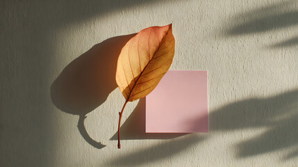 Minimal leaf and pink sticky note lit by sunlight against neutral wall