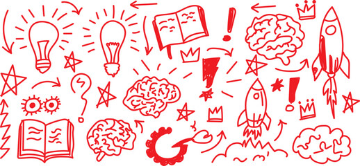 Creative hand drawn doodles of light bulbs, brain, rocket.  Creative ideas and innovation symbols doodle art. A vibrant red doodle illustration featuring symbols of creativity, ideas, and innovation