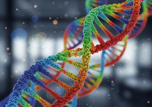 A vibrant and colorful representation of a DNA double helix, showcasing genetic information.