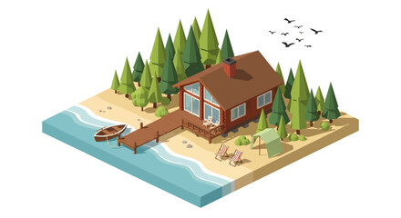 An isometric low poly illustration showing a cozy wooden cabin on a sandy beach, backed by pine trees and featuring a dock, rowboat, and camping tent