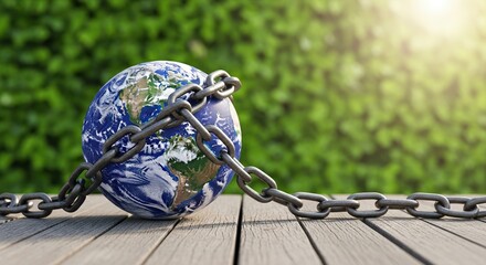 Protect our planet now Earth globe chained for climate change awareness and environmental responsibility concepts, nature background and bright sun light