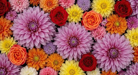 Vibrant flower arrangement featuring dahlias and roses, perfect for adding a touch of natural beauty to your project, a symbol of love, joy, and celebration