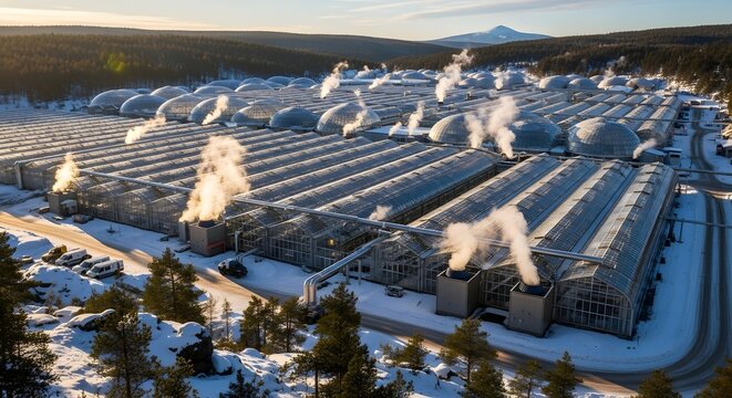 Aerial view of a large greenhouse complex in a snowy landscape with steam rising from vents on the roofs