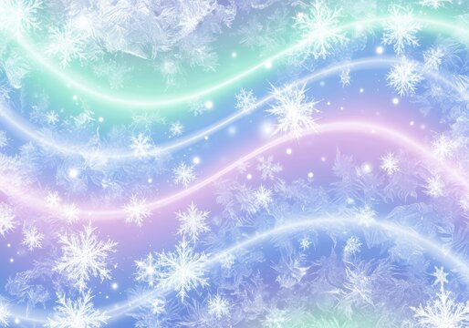 A beautiful, ethereal, and artistic illustration featuring snowflakes, waves, and a gradient of colors.