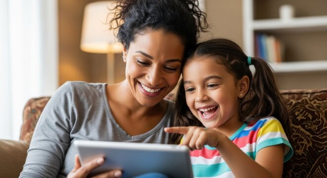 Happy Hispanic mother and young daughter bonding, smiling while looking at a tablet together on a sofa, representing family and connection.