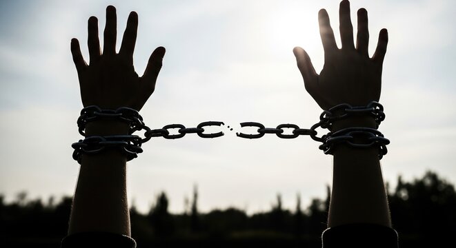 Empowerment concept showing broken chains on wrists symbolizing freedom and resilience against oppression, overcoming obstacles, and celebrating human rights